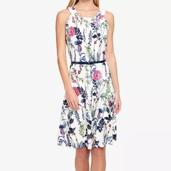 Tommy Hilfiger White Multicolor Floral Fit & Flare Dress Belted Sleeveless 8 - Picture 1 of 16